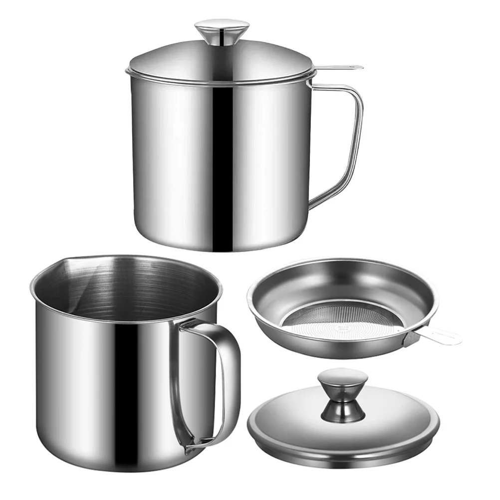 

2pcs Stainless Steel Oil Strainer Pot Fine Mesh Grease Strainer For Kitchen Cooking Frying Soup Oil Separation Storage Container