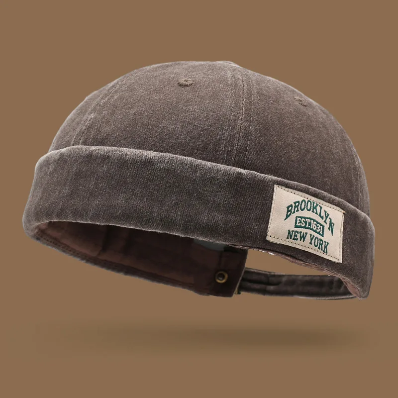 Unisex Washed Vintage Brimless Docker Cap Brooklyn Patch Landlord Melon Hat Adjustable Retro Streetwear Skull Cap for Men Women