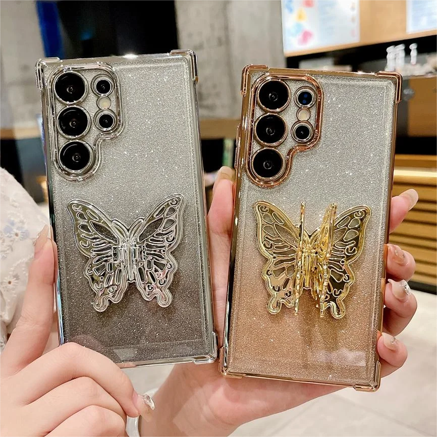 Gradient Butterfly Glitter Case for Samsung Galaxy S24 Ultra S22 Plus S23 FE Note 20 A55 A54 A53 A34 A35 A25 A15 Bracket Cover