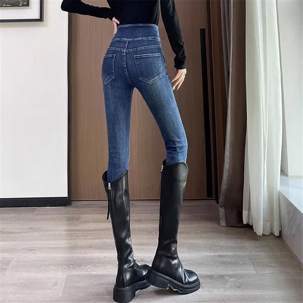 Frühling hohe Taille koreanische schicke Jeans Frauen lässig Vintage gekräuselte Taille dünne Jeans hose Harajuku schlanke Streetwear Jeans hose