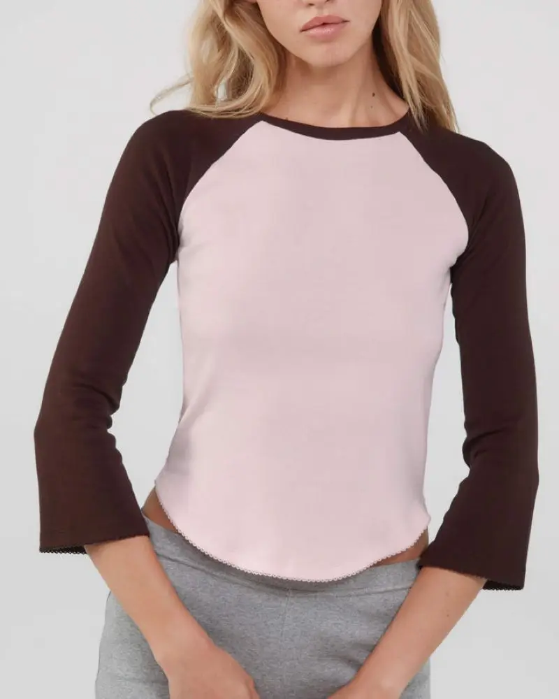 Cou Three-Quarter Flare Sleeve Top with Color-Blocking Irregular Hem, Slim-Fit Contrast Color Base Top, Lace-Trimmed Waist-Cinching Top, Color-Blocked Raglan Sleeve Slim-Fit Three-Quarter Sleeve T-Shirt, Half-Length Sleeve Top