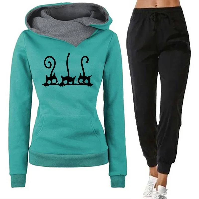 High Quality Ladies Daily Casual Sports Jogging Suit 2026 New Arrival Women's Cute Cat Hooded Outfits Hoodies and Jogger Pants