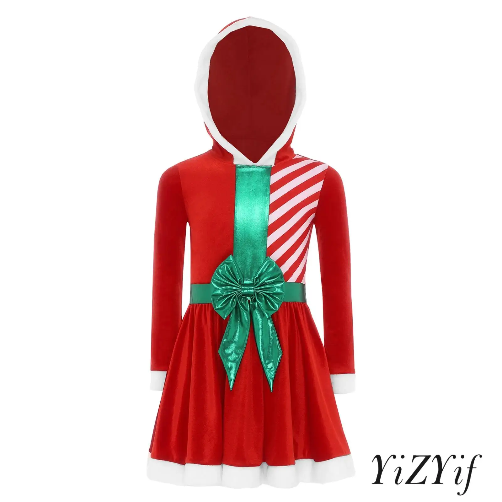

Kids Girls Christmas Santa Claus Dress Long Sleeve Patchwork Stripe Waist Bow Pointed Pompom Hoodie Dresses Xmas Princess Outfit