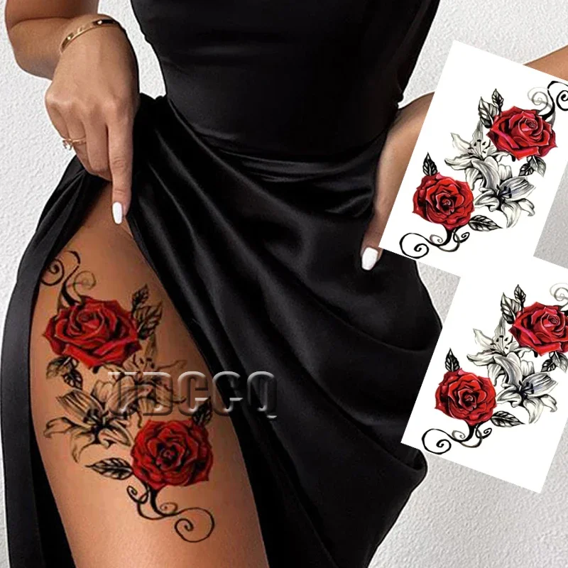 

2 шт. красные временные татуировки с цветком розы на руку и ногу, сексуальный дизайн для зачистки груди и бедра, водонепроницаемые, идеально подходят для женщин