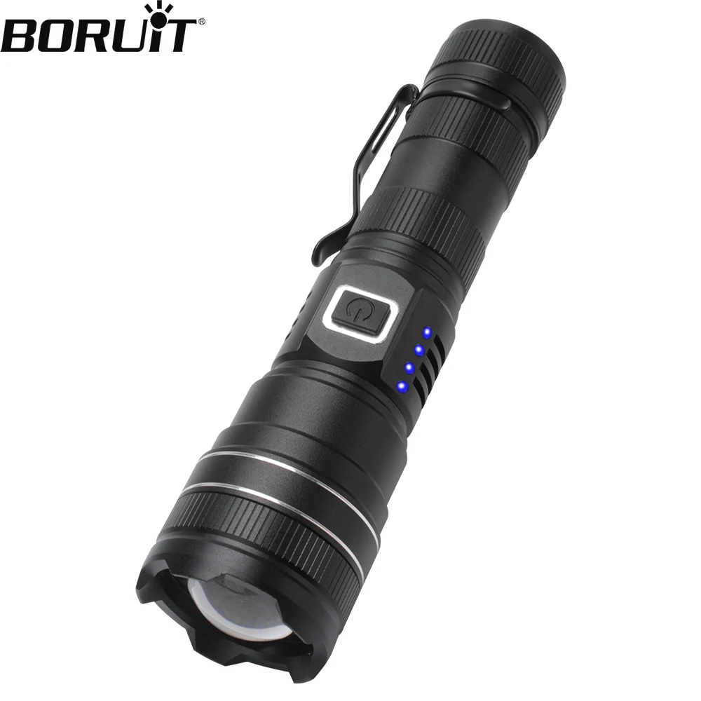 BORUiT P70 LED Flashlight 3000LM 5-Modes Zoom Rechargeable Power Bank Torch Waterproof Power Display Camping Fishing Lantern