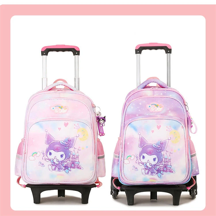 Sanrios Kuromi-mochila escolar con ruedas para niña, bolsa con figura de Anime, Protector de columna vertebral, Reduce la carga, luz de gran capacidad de dibujos animados Kawaii