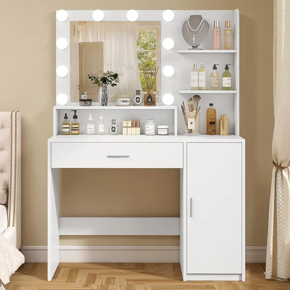 Makeup Vanity with Mirror and Lighting, Vanity with Large Drawers&shelves and Cabinets Bedroom Furniture Home Furniture