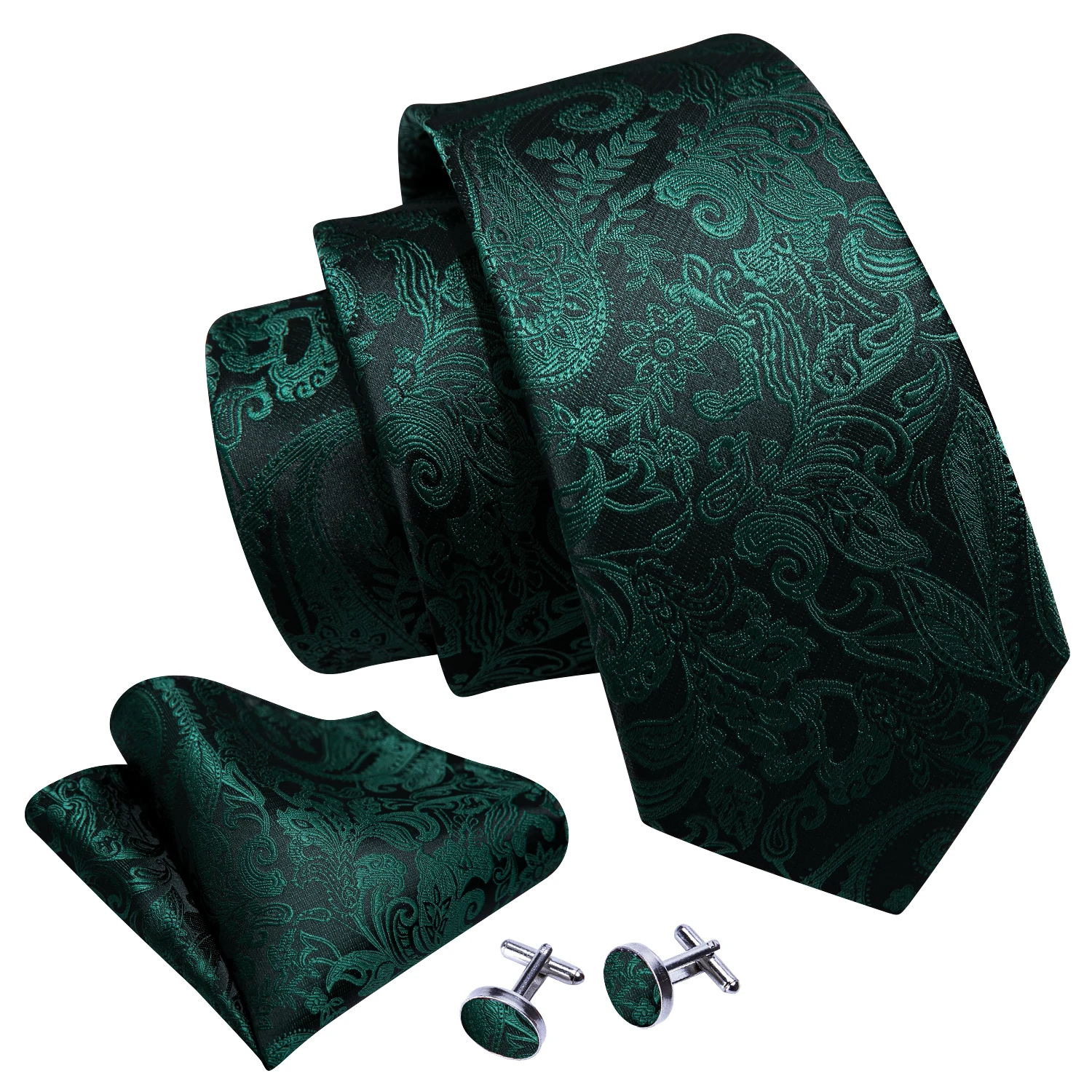 Barry.Wang Exquisite Silk Dark Green Flower Ties For Men Jacquard Neck-Tie Hanky Cufflinks Sets For Party Wedding Fashion N-6037