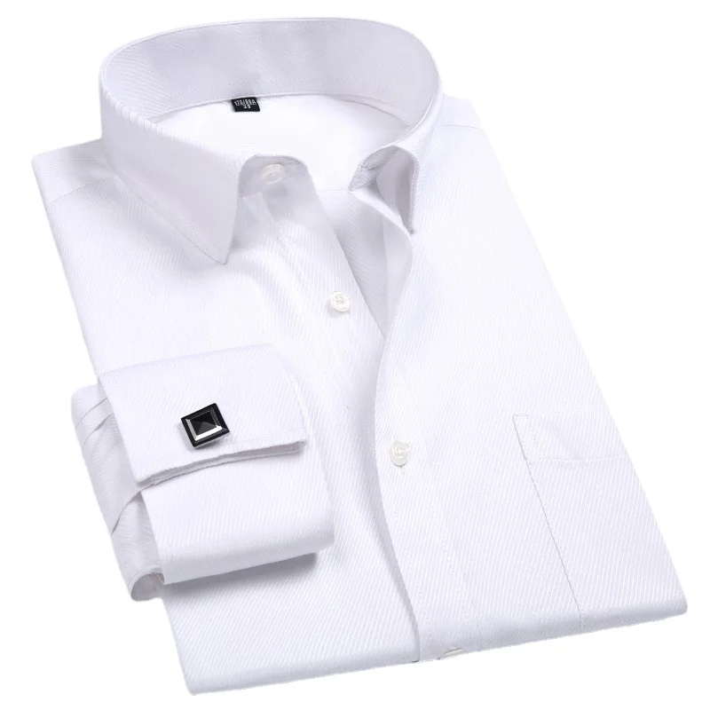 2023 Men French Cuff Dress Shirt Cufflinks New White Long Sleeve Casual Buttons Male Brand Shirts Regular Fit Clothes