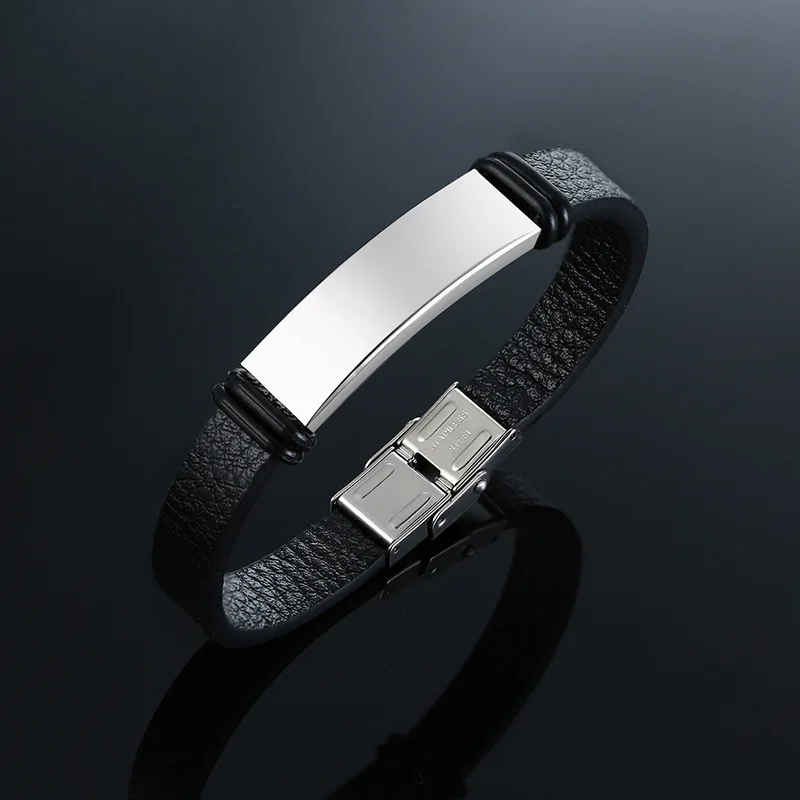 Maßgeschneiderte Text-Armbänder aus schwarzem Leder mit graviertem Logo und Namen, Edelstahlarmband für Damen und Herren, Großhandelsmenge – Detail 9