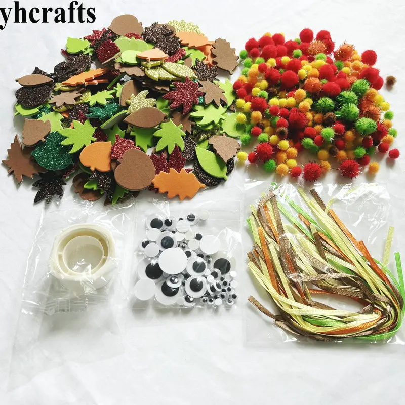 324PCS/Lot Leaves foam stickereyeball ribbon pompoms craft material Thanksgiving Day arts and crafts Harvest Festival decoration