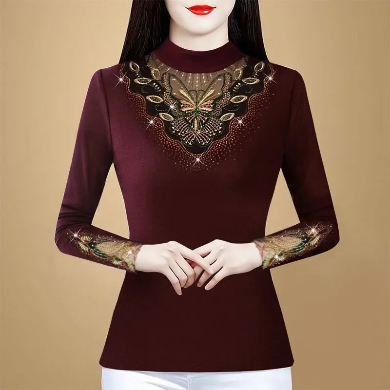 

Autumn and Winter New Fashionable Mesh Rhinestones Plus Velvet Thickened Bottoming Versatile Long-sleeved Half Turtleneck Top