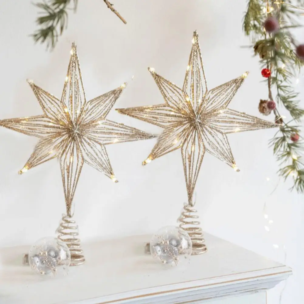 Christmas Tree Top Star 3D Iron Tree Topper Star Decoration with LED Lights Holiday Decor Glitter Star Topper for Xmas Trees