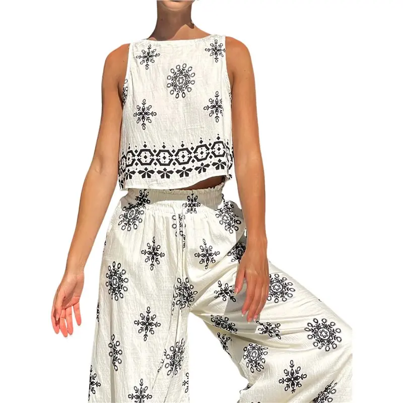 

CYL-Women's 2 Piece Lounge Sets Boho Floral Tank Tops Flowy Wide Peg Pants Beach Vacation Outfits