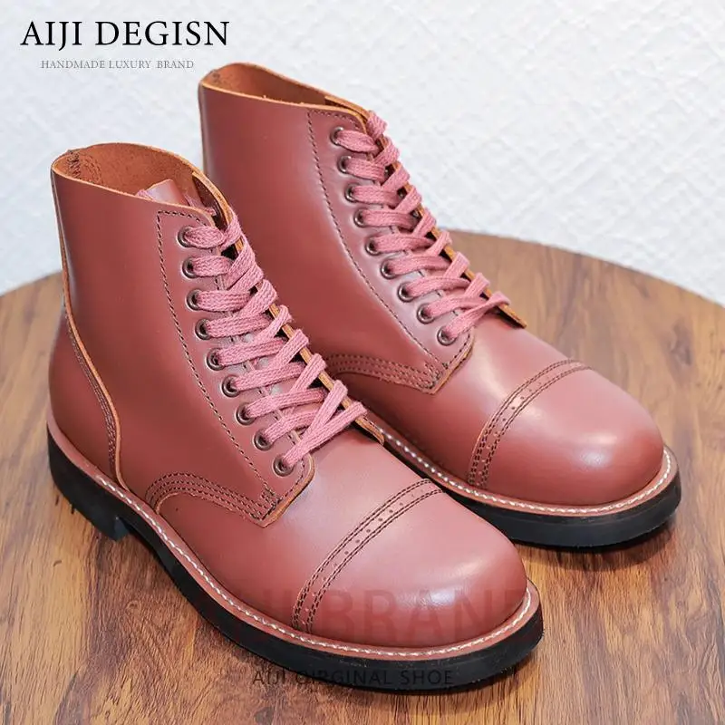 

Handmade Men's Motorcycle Boots Genuine Leather Lace Up Outdoor Work Boots Western Style Ankle Desert Shoes