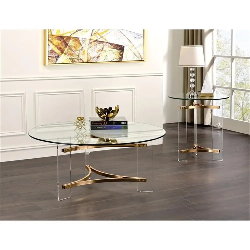 Round Tempered Glass Top Coffee Table In Clear And Gold, Customized