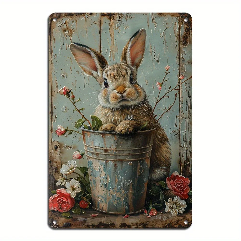 Happy Easter Bunny Couple Retro Aluminum Sign, 8x12 Inches - Ideal for Cafe, Kitchen, and Farmhouse Wall Decor 16x12inch 40x30cm