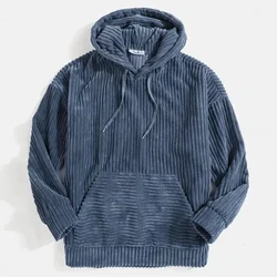 Herfst Winter 2023 Heren Sweatshirts Verdikte Corduroy Lange Mouw Effen Kangoeroe Zak Schouder Hoodie