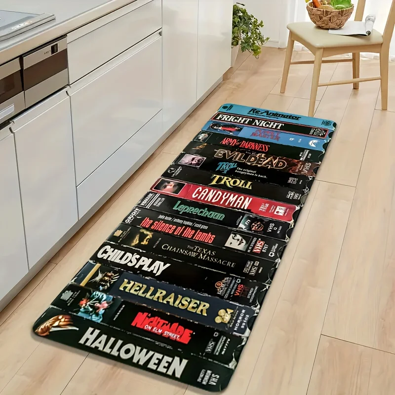 Horror Movie Theme Mat with Iconic Film Titles Halloween Machine Washable Carpet for Home Theater Living Room Ktichen Home Decor