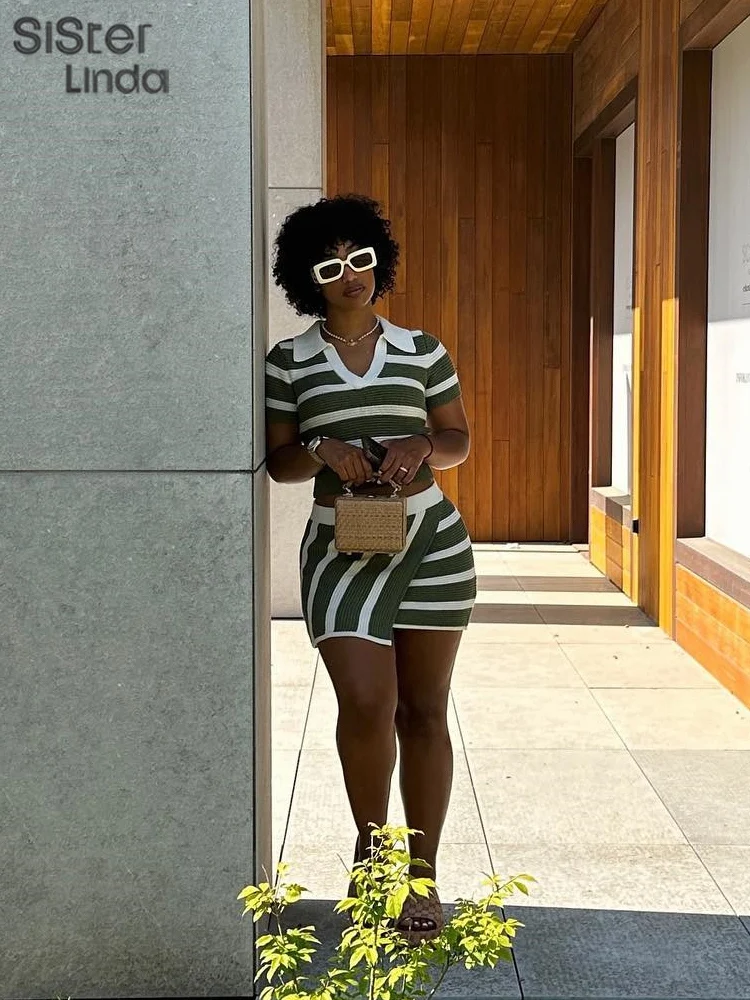 klalien Knit Striped Tracksuit Women Two Piece Set Contrasting Softy Elegant Stretch Crop Tops+Hip Skirt Matching Streetwear