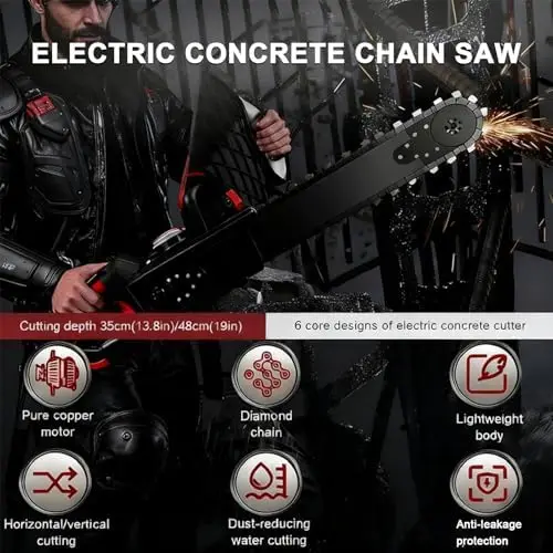 

9800W Electric Concrete Chainsaw with 2 Diamond Chains 13.8/18.9in Cutting Depth 6300RPM for Granite Reinforced Concrete