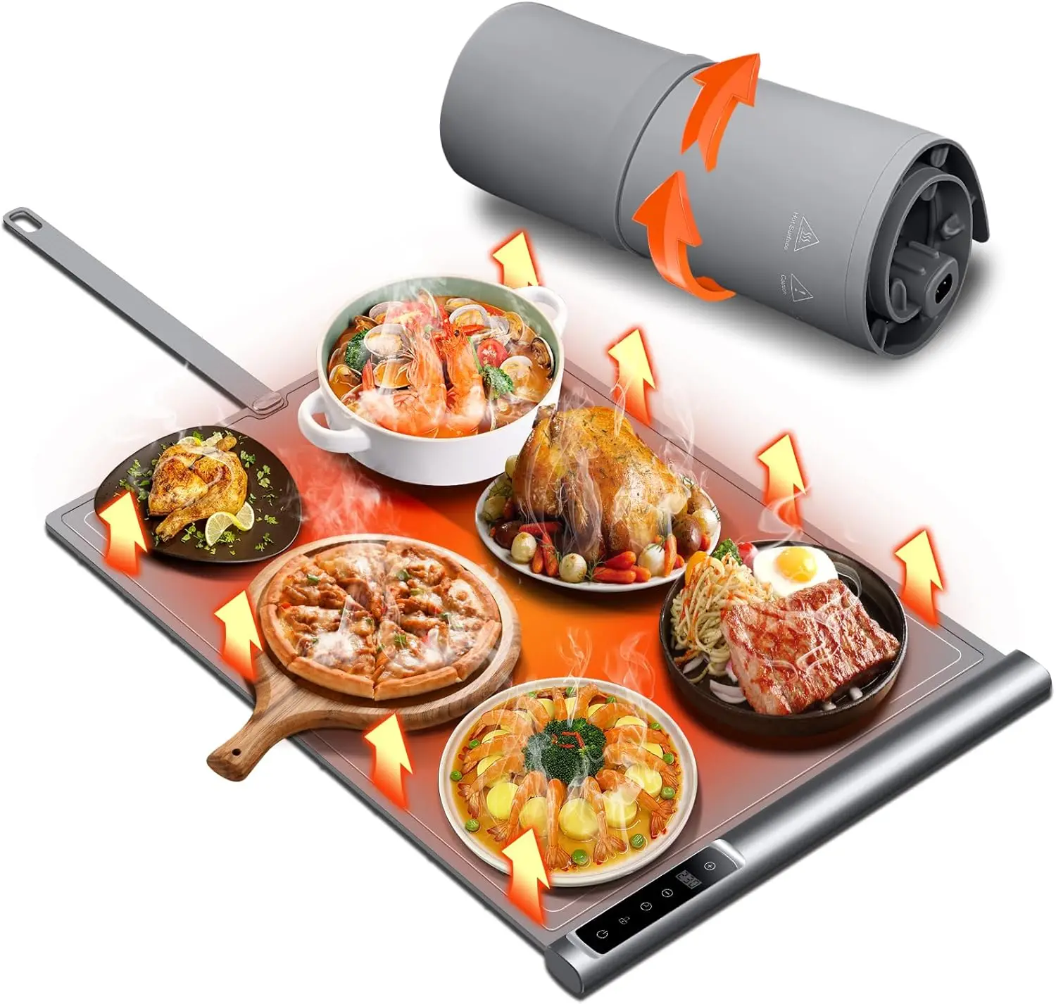 

Warmin Mat for Food | Max Temp 248℉,Fast Full-Surface Food Warmer with 8-Level Adjustable and Timer,Roll-Up & Portabl