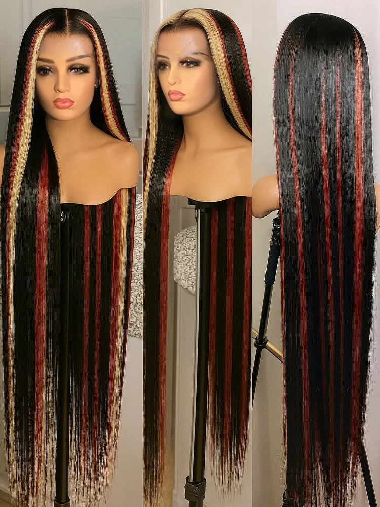 

1B/99J/27 Omber black hair with red blonde Highlight 5x5 Straight Hd Lace Closure Wig Human Hair 99J Glueless Wig Ready To Wear