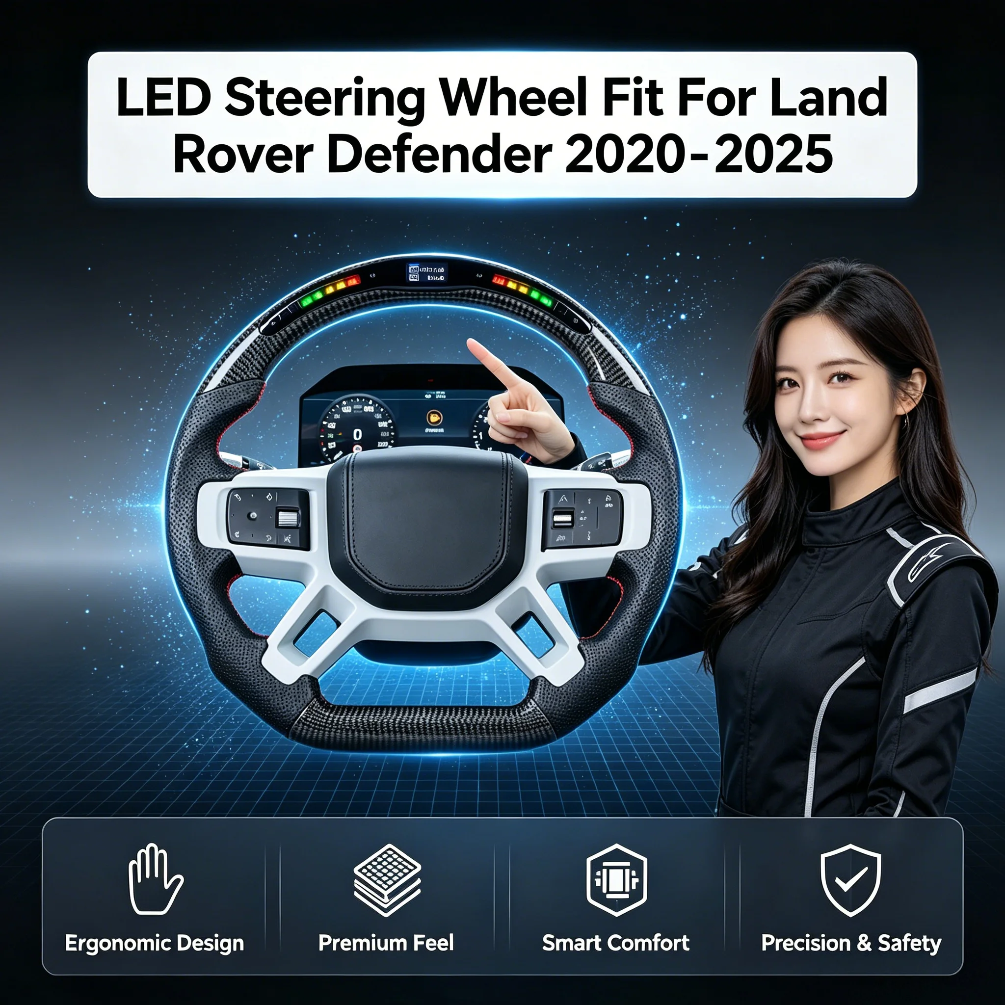 LED Steering Wheel Fit For Land Rover Defender 2020- 2025 100% Carbon Fiber Customized Racing Wheel