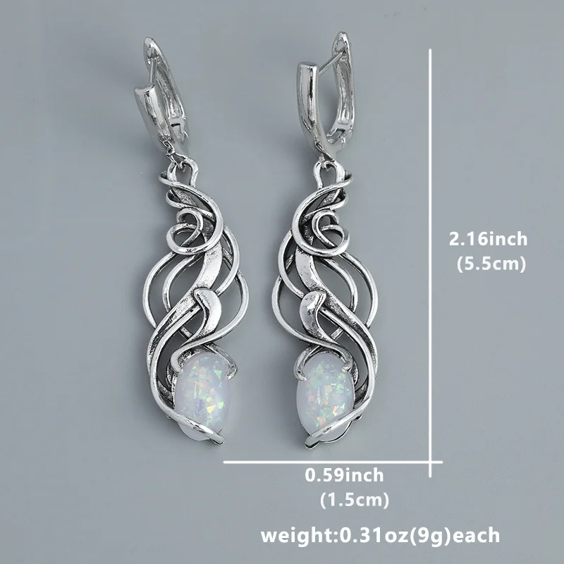 Delicate Oval Shaped Imitation Opal Earrings Classic Vintage Silver Color Metal Dangle Earrings Jewelry