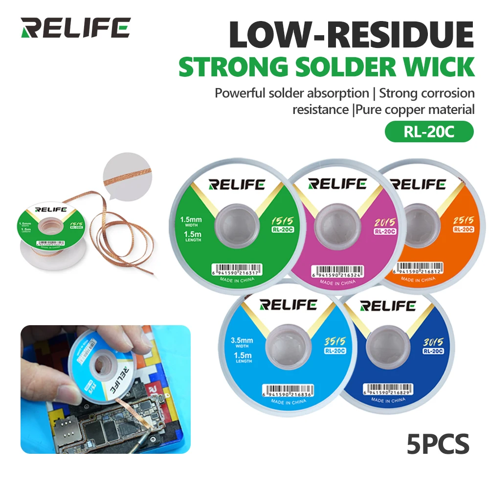RELIFE RL-20C Low-Residue Powerful Solder Suction Tape 5PCS 1.5M for Mobile Phone Repair Motherboard PCB Solder Removal Tool