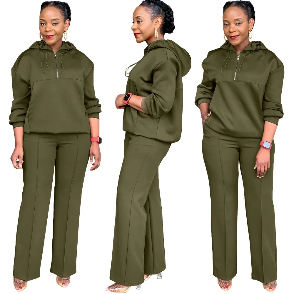 

L-3XL 2024 African Fall Winter Plus Size Women Clothing Two Piece Sets Solid Color Long Sleeve Hoodies Top and Pant Outfits