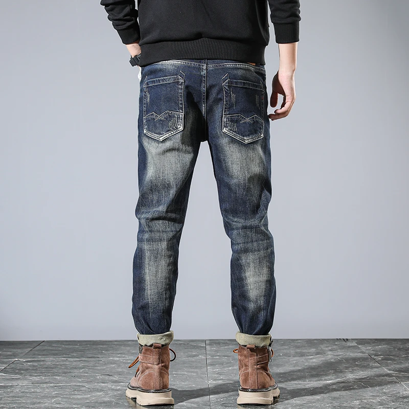 American retro heavy wash new Slim small leg jeans men high end versatile elastic burst scraping old pants men's models