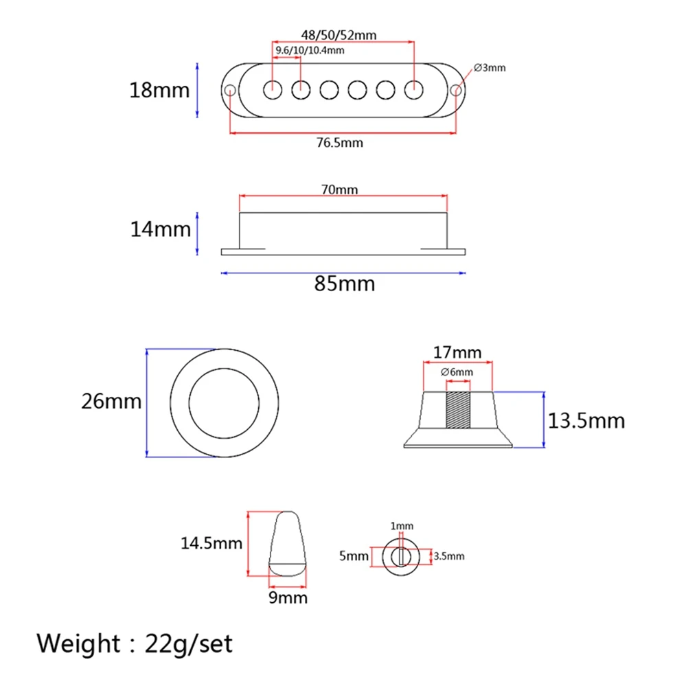 

3Pcs Electric Guitar Pickup Covers 48 50 52mm Single Coil Volume Tone Knobs Switch Tip Replacement Parts for Style DIY