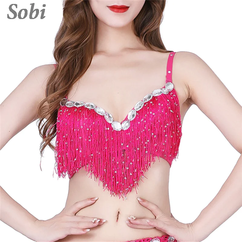 Top de danza del vientre con borlas para mujer, sujetador de esponja con flecos y lentejuelas, traje de actuación para escenario, Sexy, para fiesta de espectáculo