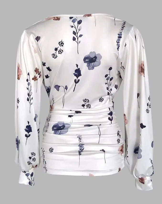 

Temperament Elegant Blouses Women Daily Clothing Floral Print Deep V-Neck Lantern Sleeve Tee Female Vacation Casual Ruched Top