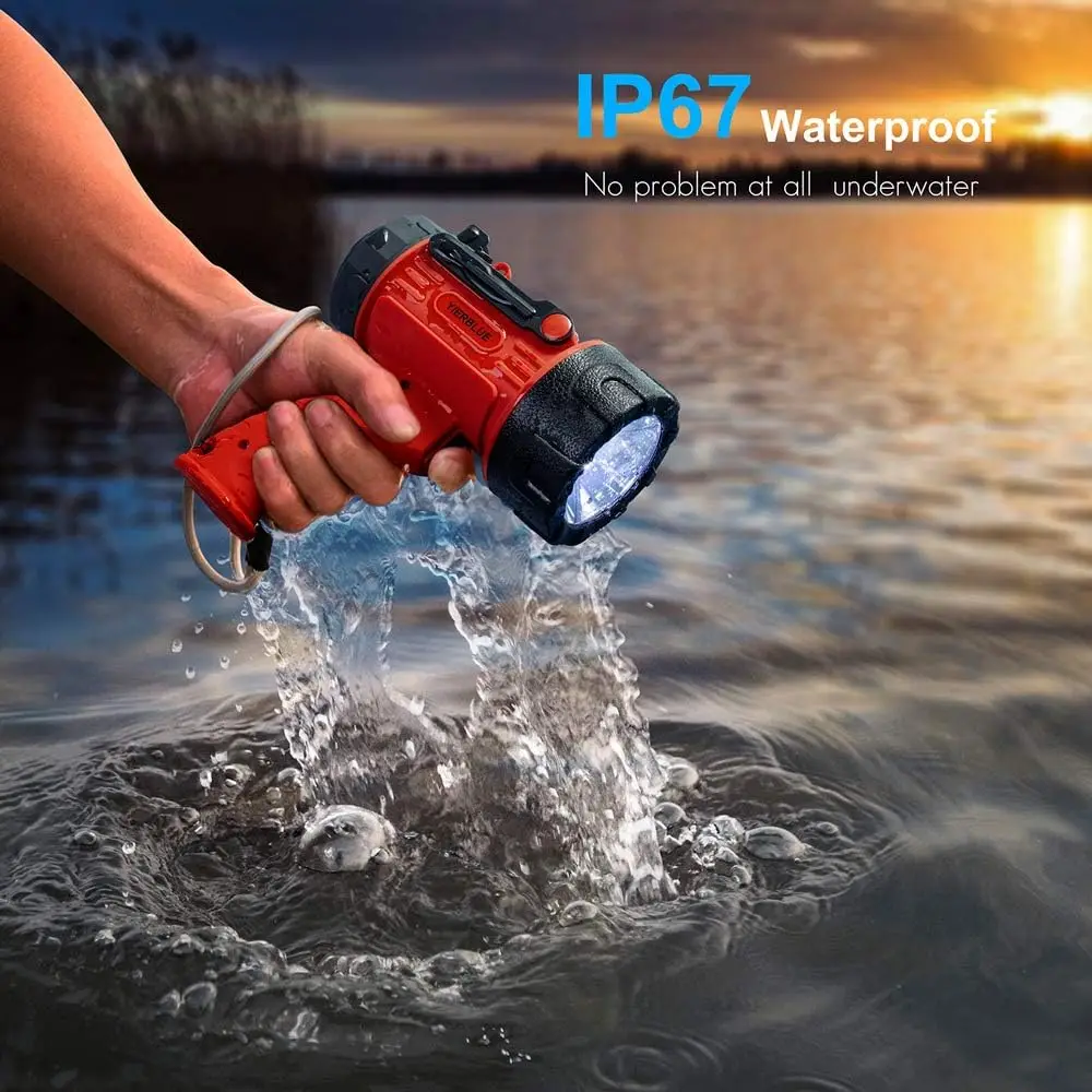 Rechargeable High Lumen LED Spotlight, IP67 Waterproof Handheld Flashlight with Red Filter and Long Battery Life