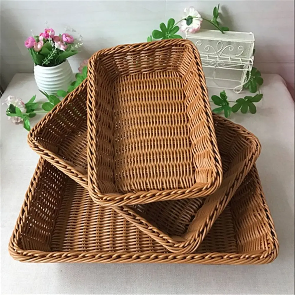 Imitation Rattan Woven Kitchen Storage Basket Round Rectangle Coffee Bread Fruit Tray Vegetables Candy Snacks Sundries Organizer