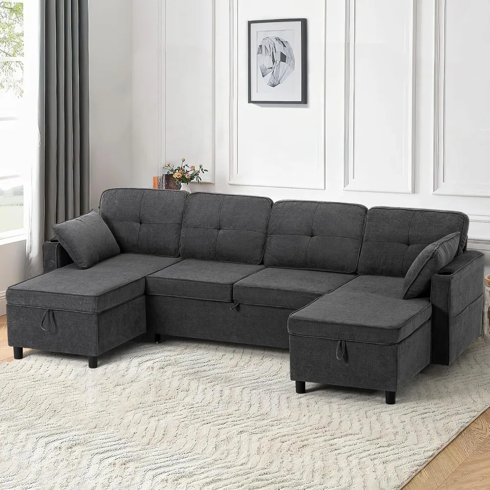 108 Inches Chenille Sectional Sofa w/Adjustable Back & Pull Out Sofa Bed, Tufted U Shaped Couch w/Two Storage Chaises, Sleeper image 6