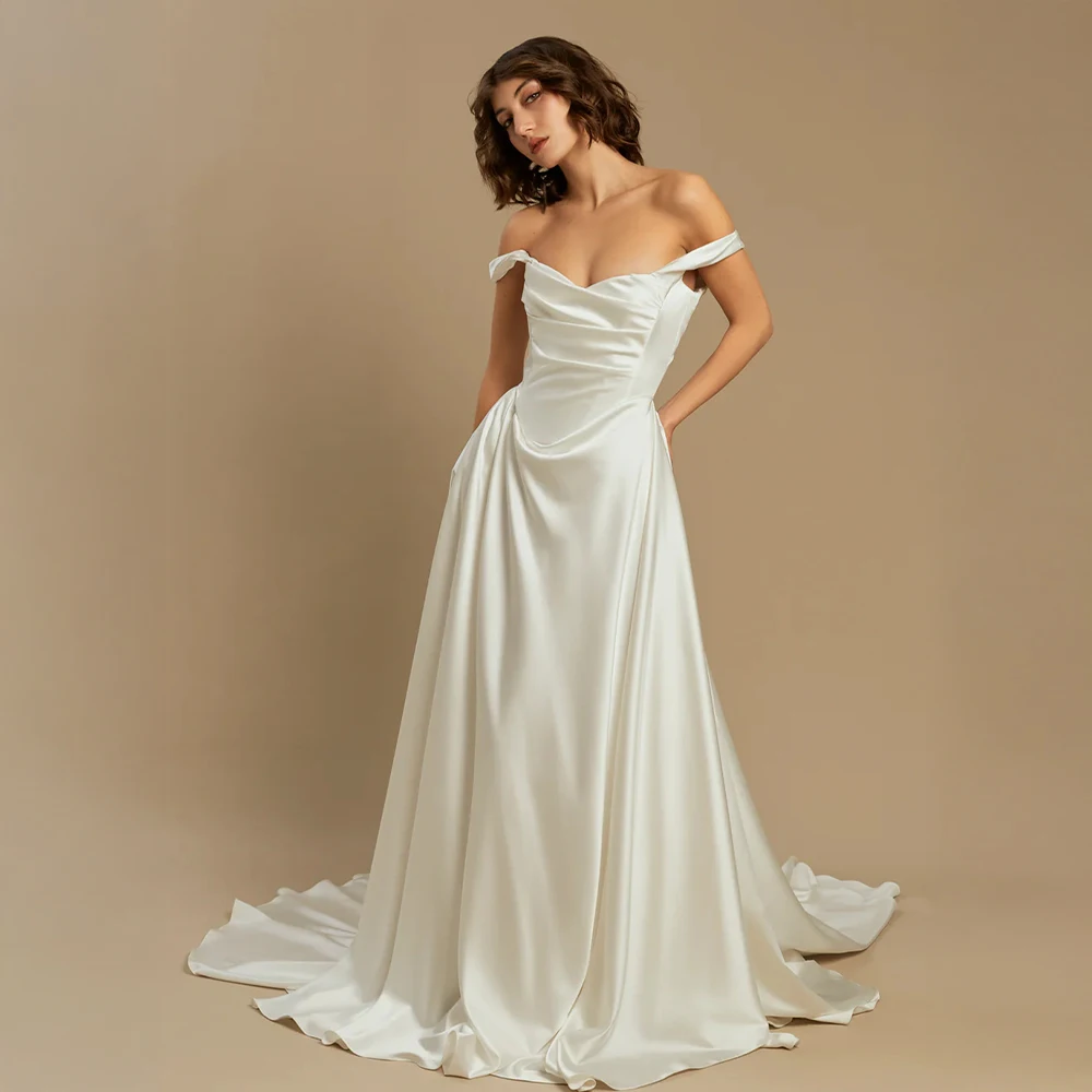 Modern Wedding Dress Satin Fabric Bridal Dress with Hidden Pockets Ruched Design A Line Bridal Gown for Bridal Events