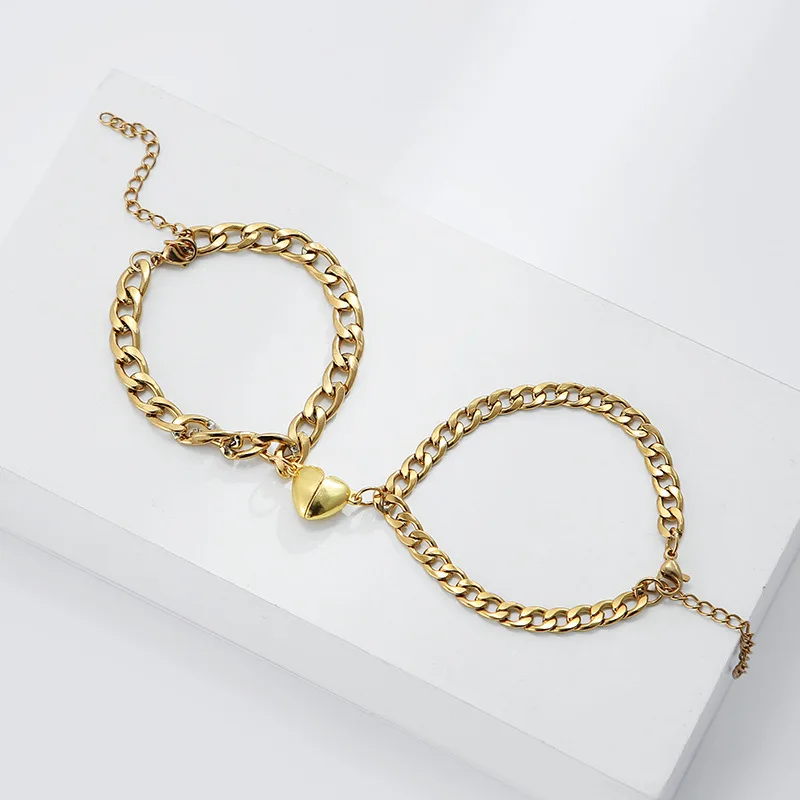 Gold Color Magnet Couple Bracelets Heart Attraction Bracelet Stainless Steel Charm Simple Cuban Chains Key Lock Jewelry Gifts