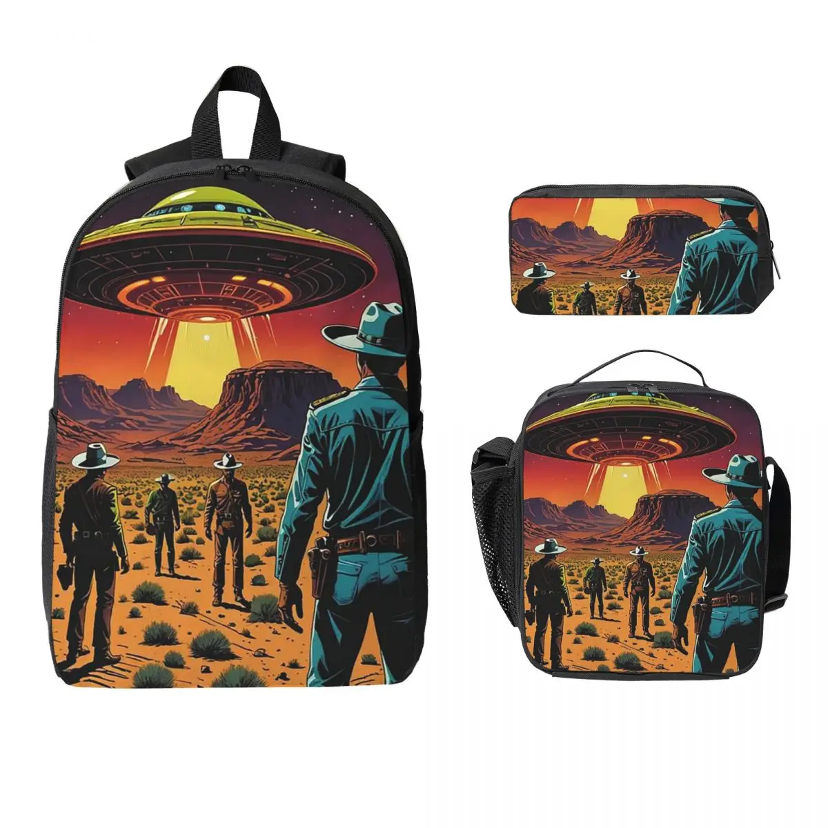 Alien Encounter Cowboy Design Backpack Student BookBag School Bag Laptop Shoulder Bags 3ps Insulated Lunch Bag Pencil Case