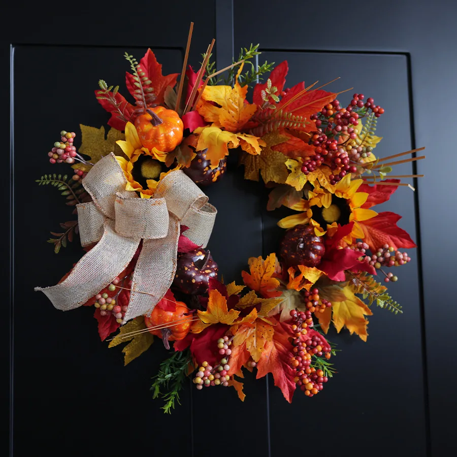 

Pumpkin Wreath Handmade Bow Autumn Harvest Wreath Thanksgiving Sun Circle Sunflower Wreath Autumn Color Wreath