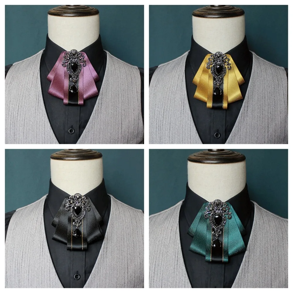 

Adjustable Rhinestone Bow Tie Vintage British Style Ribbon Neckties for Men Shirt Business Collar Flower