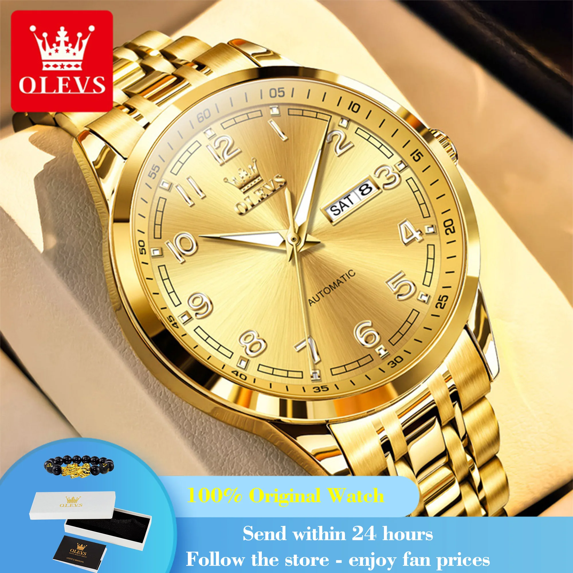 

OLEVS 7077 Automatic Watch Man Original Mechanical Watch For Men Fashion Luxury Steel Strap Waterproof Dual Calendar Wristwatch