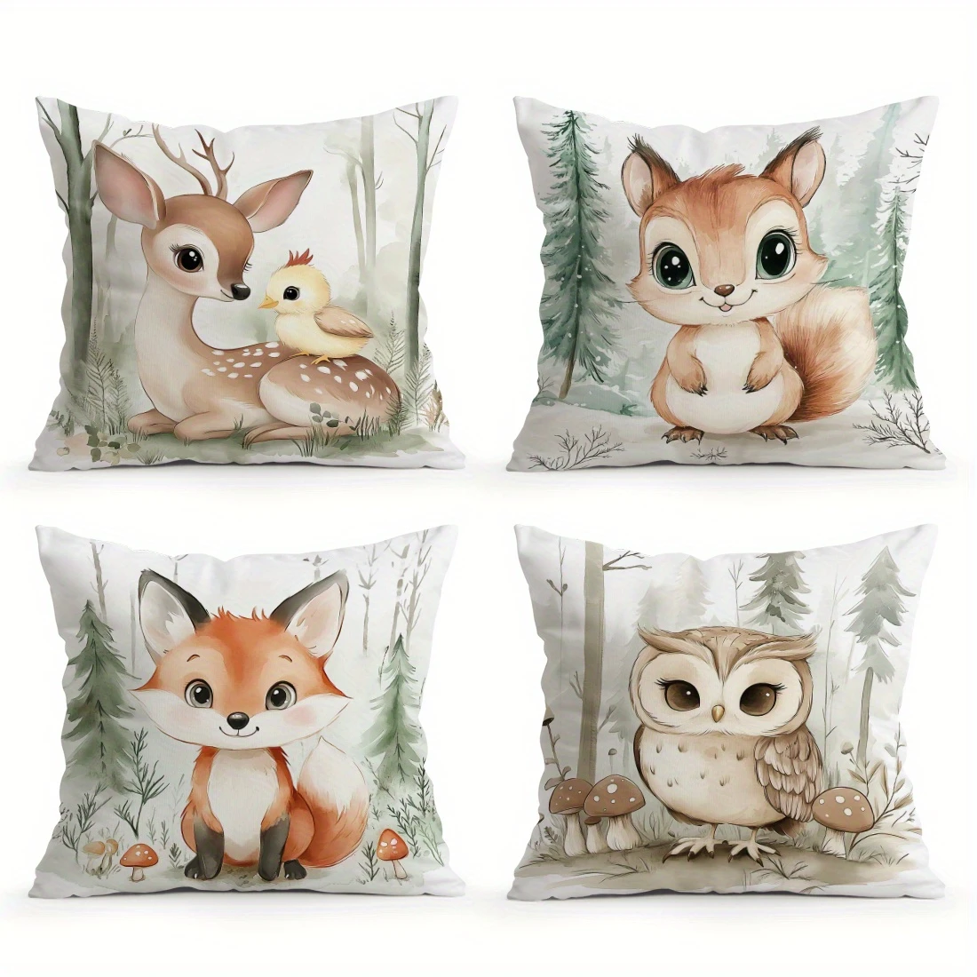 1PC 2D Flat Watercolor Forest Animal Throw Pillow Covers Cute Deer Squirrel Fox Owl Cushion Cases for Kids Bedroom Nursery Decor