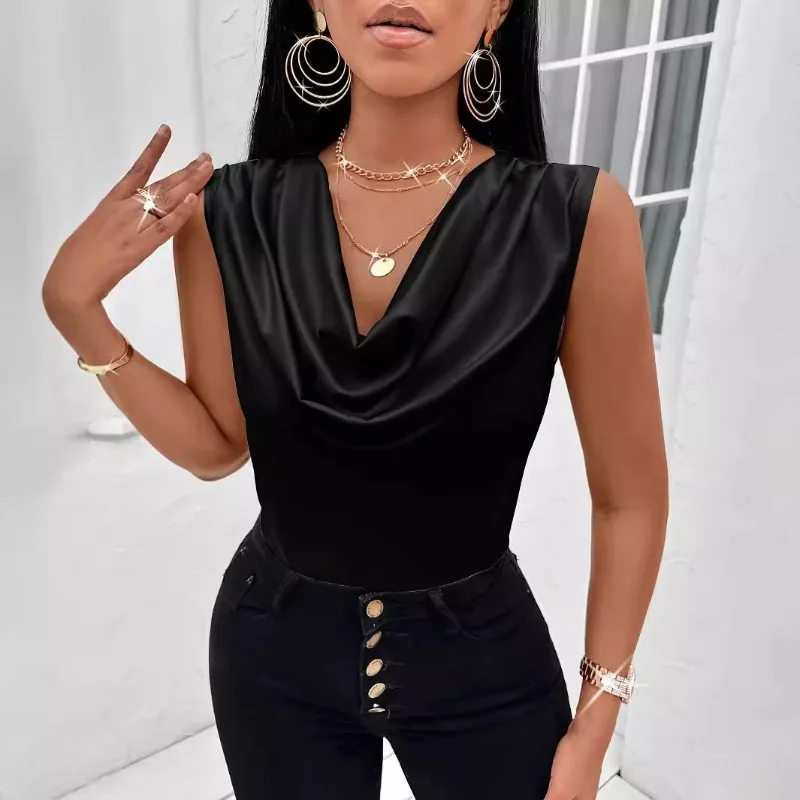 Fashion Women Satin Cowl Neck Sleeveless Blouse Draped V‑Neck Sleeveless Tank Top Elegant Office Party Sleeveless Shirts