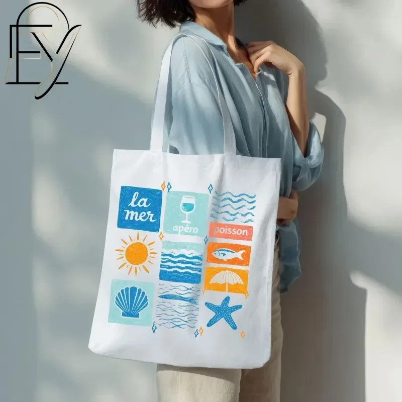 La Mer French Coastal Tote Bag Nautical Themed Print with Fish and Shells Reusable Bag for Summer