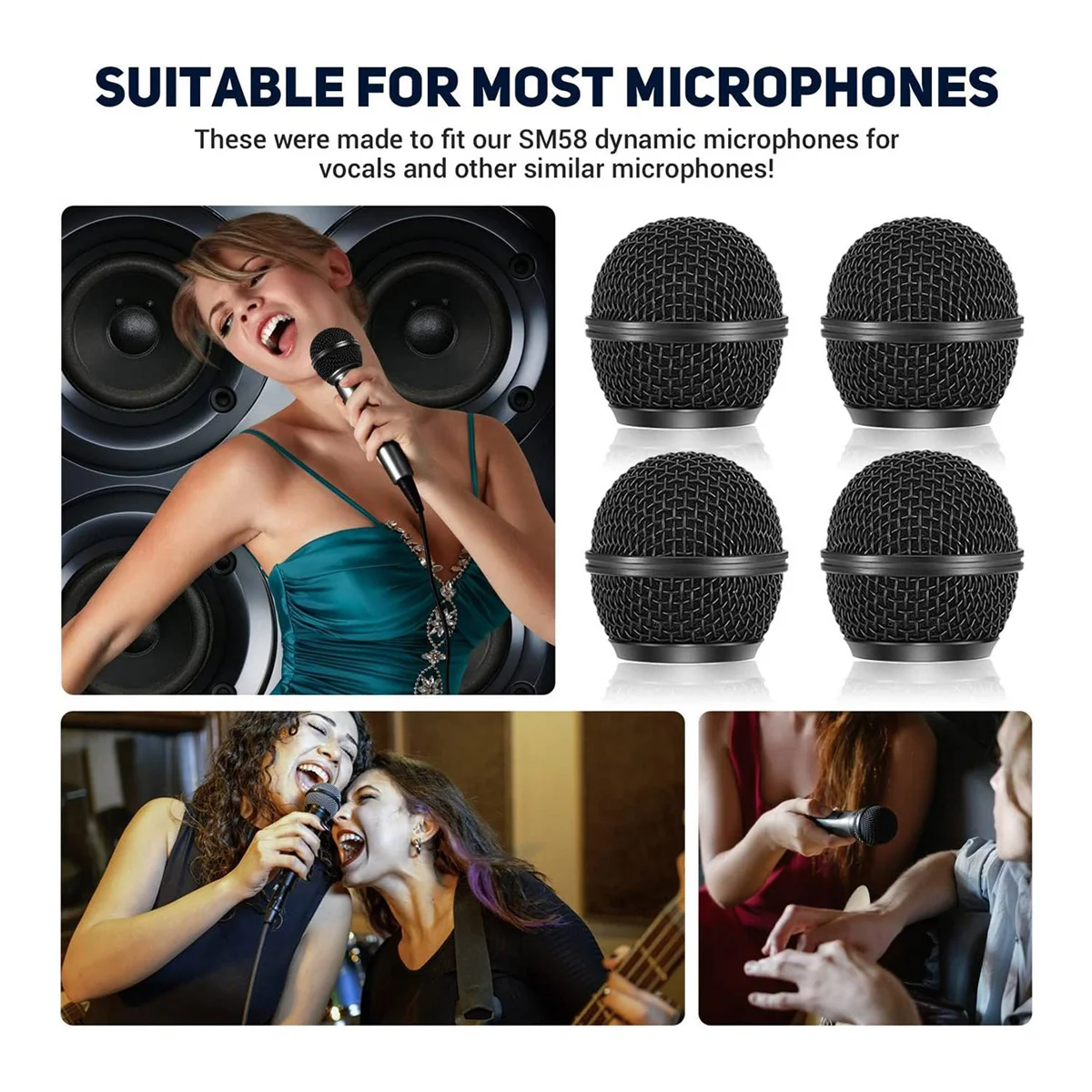 4 قطع بديلة لشبكة الميكروفون، رأس شواية ميكروفون شبكي للميكروفون اللاسلكي SM58 والميكروفونات السلكية، أسود