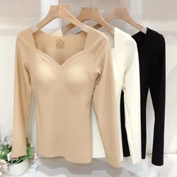 Winter Thermal Underwear Tops for Women Long Sleeve Sexy V Neck with Fixed Cup Warm Plush Lingerie Female Seamless Thermal Shirt