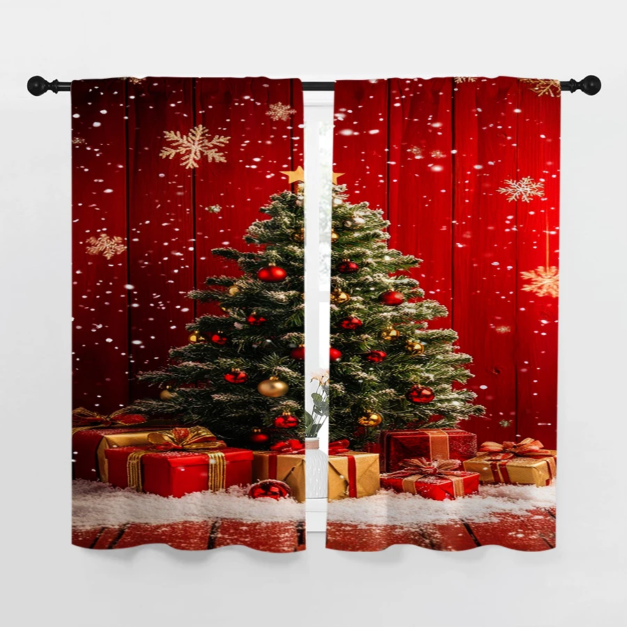 2PCS Digital Print Christmas Curtains, Red Xmas Tree Gifts Snowflake Wood, Classic Festive Window Drapes for Holiday Home Decor
